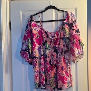 Lilly Pulitzer Pink, Navy & Green Floral Cold-Shoulder Top